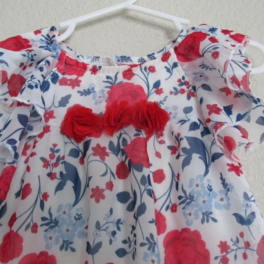 Little Lass Sheer Romper Girls Size 18M Red White Blue Patriotic Floral July 4th